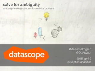 @deanmalmgren
@DsAtweet
2015 april 9
nuvention analytics
solve for ambiguity
adapting the design process for analytics problems
 