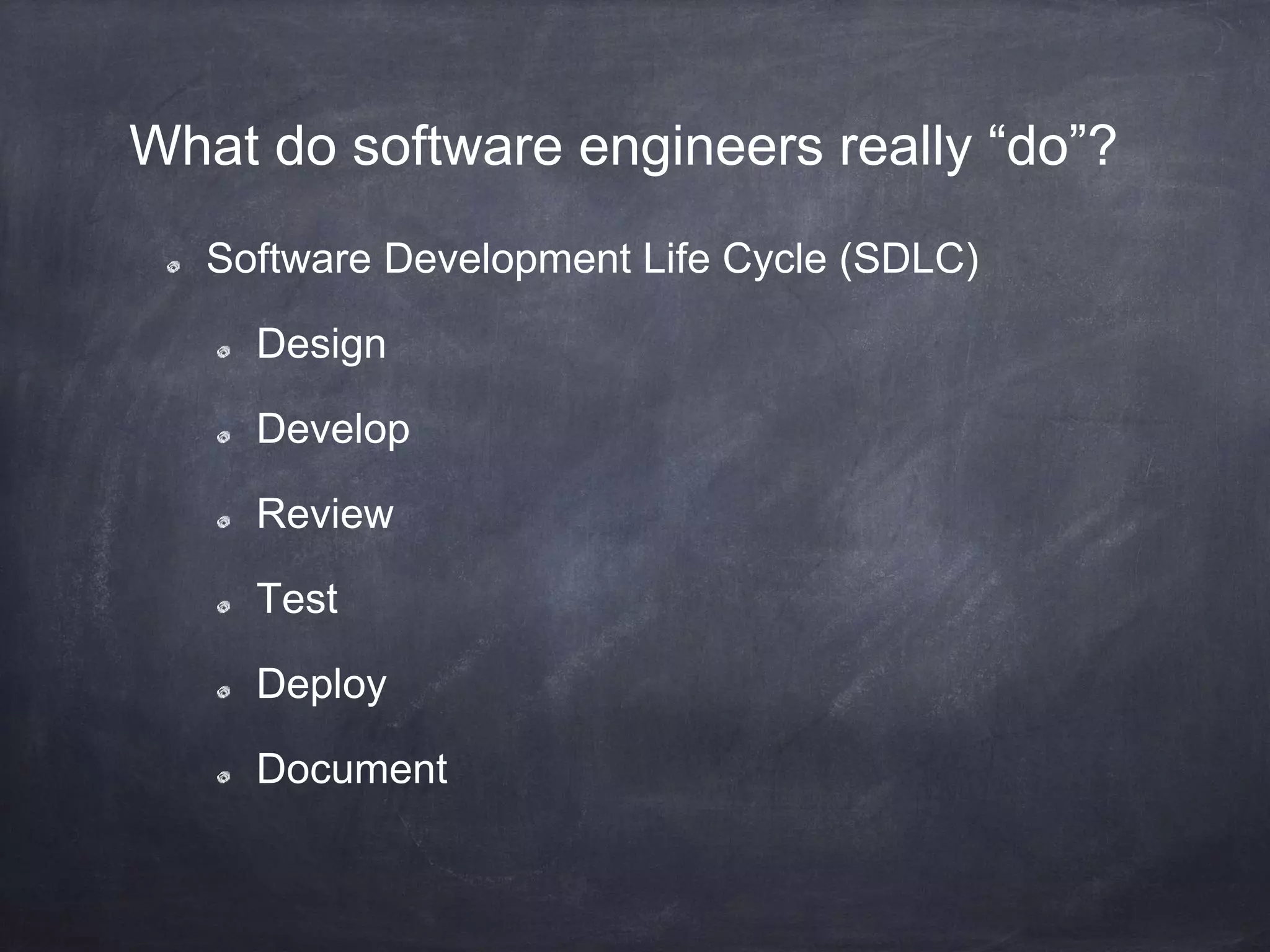 What do software engineers really “do”?
Software Development Life Cycle (SDLC)
Design
Develop
Review
Test
Deploy
Document
 