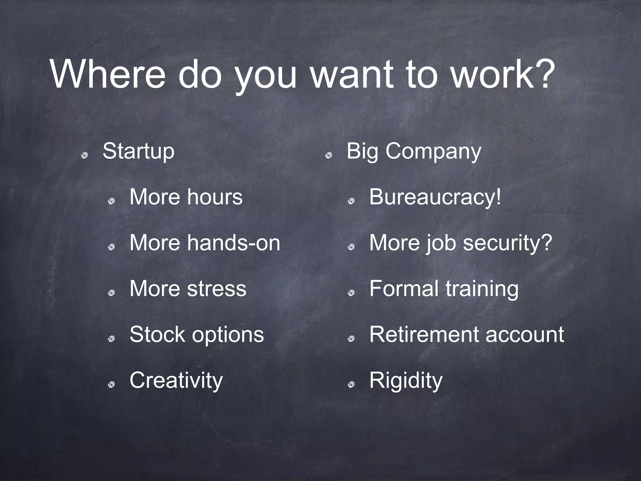 Where do you want to work?
Startup
More hours
More hands-on
More stress
Stock options
Creativity
Big Company
Bureaucracy!
More job security?
Formal training
Retirement account
Rigidity
 