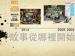 故事從哪裡開始
2
20052014 2002
審議民主	 
參與民主	 
!
公民參與	 
參與式預算	 
公民咖啡館	 
!
開放政府	 
ivoting	 
vtaiwan	 
智慧城市	 
!
開放國民黨	 
開放民進黨
 