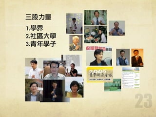 23
三股力量
1.學界	 
2.社區大學	 
3.青年學子
 