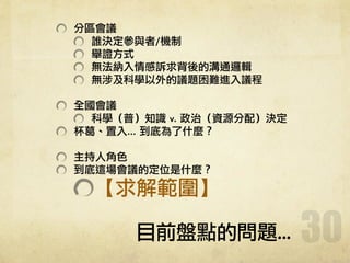 目前盤點的問題...
分區會議	 
誰決定參與者/機制	 
舉證方式	 
無法納入情感訴求背後的溝通邏輯	 
無涉及科學以外的議題困難進入議程	 
!
全國會議	 
科學（普）知識	 v.	 政治（資源分配）決定	 
杯葛、置入…	 到底為了什麼？	 
!
主持人角色	 
到底這場會議的定位是什麼？	 
【求解範圍】
30
 