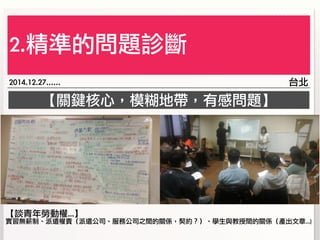 【關鍵核心，模糊地帶，有感問題】
2014.12.27…… 台北
2.精準的問題診斷
【談青年勞動權...】	 
實習無薪制、派遣權責（派遣公司、服務公司之間的關係，契約？）、學生與教授間的關係（產出文章...)
 