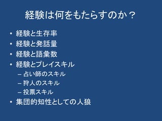 経験は何をもたらすのか？
• 経験と生存率
• 経験と発話量
• 経験と語彙数
• 経験とプレイスキル
– 占い師のスキル
– 狩人のスキル
– 投票スキル
• 集団的知性としての人狼
 