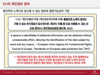 EU의 개인정보 정의
합리적인 노력으로 입수할 수 있는 정보와 결합가능성이 기준
A person is identifiable if additional information can be obtained without
unreasonable effort, allowing the identification of the data subject by
name and any means. - European Union Agency for Fundamental Rights,
Council of Europe, "Handbook on European data protection law" 2013
EU는 “개인식별성”이란 (개인정보처리자에 의해) 불합리한 노력이 없어도
구할 수 있는 추가정보가 입수된다면 개인이 ‘이름 등’으로 식별될 수 있는 것
으로 정의(EU 개인정보보호법 핸드북, 2013)
=> 개인정보의 동의 없는 제3자 제공을 엄격히 금지하고 있는 우리 법제에서는
개인식별을 위한 추가 정보의 수집이 불가능하거나 많은 노력이 든다면
(추가수집정보의 결합전) 해당 정보는 개인정보가 아니라고 보아도 무방
 