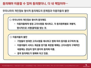 동의해야 이용할 수 있어 동의했더니, 다 내 책임이야…
○ 우리나라의 개인정보 형식적 동의제도
- 이용자들에게 법정 고지사항을 제시하고, 각 동의항목별로 개별적,
명시적으로 서명(클릭)을 받는 것.
○ 이용자들의 불만
- 기업들이 방대한 고지사항을 제시하고 법에 따라 동의를 요구하게 됨.
- 이용자들이 서비스 제공을 받기를 희망할 때에는 고지사항의 구체적인
내용에는 관심이 없이 묻지마 동의에 이름.
- 결국 동의제도가 형해화 되고 있음.
우리나라의 개인정보 형식적 동의제도의 문제점과 이용자들의 불만
 