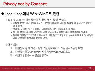 Privacy not by Consent
모두가 Loser가 되는 상황이 온다면, 패러다임을 바꿔야
 비식별정보는 개인정보처리자가 ‘정보를 결합하여 개인을 식별할 때’부터 개인정보로
보아 달라.
 개별적, 구체적, 사전적 동의가 아니더라도 개인정보보호를 해 달라
 사소한 잘못이나 미처 생각하지 못한 잘못은 형사처벌보다는 시정명령을 해달라.
 정부가 개인정보보호표준을 제시하고, 개인정보보호정책을 심사하여 무효화 및 시정권
고를 우선하는 정책으로 전환해 달라.
개선방향
1. 개인정보 정의 개선 – 동일 개인정보처리자 기준 입수가능성 도입
2. 사전동의형(Opt-In)에서 사후통제형(Opt-Out)으로
3. 개인해결형에서 시정명령형으로
Lose-Lose에서 Win-Win으로 전환
 