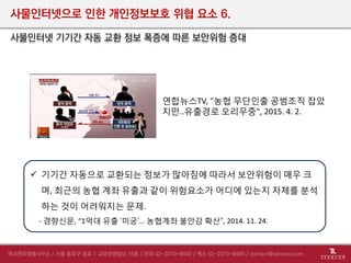사물인터넷으로 인한 개인정보보호 위협 요소 6.
사물인터넷 기기간 자동 교환 정보 폭증에 따른 보안위험 증대
 기기간 자동으로 교환되는 정보가 많아짐에 따라서 보안위험이 매우 크
며, 최근의 농협 계좌 유출과 같이 위험요소가 어디에 있는지 자체를 분석
하는 것이 어려워지는 문제.
- 경향신문, “1억대 유출 ‘미궁’… 농협계좌 불안감 확산”, 2014. 11. 24.
연합뉴스TV, "농협 무단인출 공범조직 잡았
지만..유출경로 오리무중", 2015. 4. 2.
 