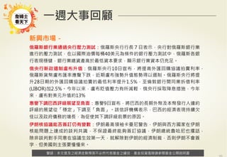 警語：本文提及之經濟走勢預測不必然代表基金之績效，基金投資風險請參閱基金公開說明書
Copyright	
  ©	
  2014	
  Ezfunds	
  Securi:es	
  Investment	
  Consul:ng	
  Enterprise	
  Ltd.
警語：本文提及之經濟走勢預測不必然代表基金之績效，基金投資風險請參閱基金公開說明書
一週大事回顧
新興市場－
俄羅斯銀行業通過央行壓力測試：俄羅斯央行行長７日表示，央行對俄羅斯銀行業
進行的壓力測試，在以國際油價每桶40美元為條件的銀行壓力測試中，俄羅斯各銀
行表現穩健，銀行業總資產高於最低資本要求，顯示銀行業資本仍充足。
俄央行新政遏制盧布升值：俄羅斯央行10日宣布，將提高外匯回購協議拍賣利率，
俄羅斯貨幣盧布匯率應聲下跌，近期盧布強勢升值態勢得以遏制。俄羅斯央行將提
升28日期的外匯回購協議拍賣的最低利率提升1.5%，至倫敦銀行間同業拆借利率
(LIBOR)加2.5%。今年以來，盧布貶值壓力有所減輕，俄央行採取降息措施，今年
來，盧布對美元升值約13%
惠譽下調巴西評級展望至負面：惠譽9日宣布，將巴西的長期外幣及本幣發行人違約
評級的展望從「穩定」下調至「負面」。該信評機構表示，巴西的經濟表現持續欠
佳以及政府債務的增長，為促使其下調評級前景的原因。
伊朗核協議能否簽訂仍有變數：伊朗最高領袖卡曼尼警告，伊朗與西方國家在伊朗
核能問題上達成的談判共識，不保證最終能夠簽訂協議，伊朗總統魯哈尼也撂話，
除非談判對手同意在協議生效第一天，就解除對伊朗的經濟制裁，否則伊朗不會簽
字，但美國則主張要慢慢來。
 