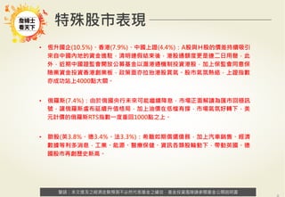 警語：本文提及之經濟走勢預測不必然代表基金之績效，基金投資風險請參閱基金公開說明書
Copyright	
  ©	
  2014	
  Ezfunds	
  Securi:es	
  Investment	
  Consul:ng	
  Enterprise	
  Ltd.
警語：本文提及之經濟走勢預測不必然代表基金之績效，基金投資風險請參閱基金公開說明書
特殊股市表現
•  恆升國企(10.5%)、香港(7.9%)、中國上證(4.4%)：A股與Ｈ股的價差持續吸引
來自中國內地的資金進駐，清明連假結束後，港股通額度更是連二日用罄，此
外，近期中國證監會開放公募基金以滬港通機制投資港股，加上保監會同意保
險業資金投資香港創業板，政策面亦拉抬港股買氣。股市氣氛熱絡，上證指數
亦成功站上4000點大關。
•  俄羅斯(7.4%)：由於俄國央行未來可能繼續降息，市場正面解讀為匯市回穩訊
號，讓俄羅斯盧布延續升值格局，加上油價在低檔有撐，市場氣氛好轉下，美
元計價的俄羅斯RTS指數一度重回1000點之上。
•  歐股(英3.8%、德3.4%、法3.3%)：希臘如期償還債務，加上汽車銷售、經濟
數據等利多消息，工業、能源、醫療保健、資訊各類股輪動下，帶動英國、德
國股市再創歷史新高。
 