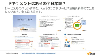 ドキュメントはあるの？日本語？
サービス毎の詳しい資料を、AWSクラウドサービス活用資料集にて公開
しています。全て日本語です。
AWS活用資料集 http://aws.amazon.com/jp/aws-jp-introduction/
 