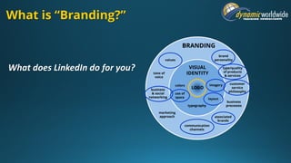 BRANDING
brand
personality
type/quality
of products
& services
customer
service
philosophy
business
processes
associated
brands
communication
channels
marketing
approach
business
& social
networking
tone of
voice
values
imagerycolors
use of
space
typography
layout
VISUAL
IDENTITY
LOGO
What is “Branding?”
What does LinkedIn do for you?
 
