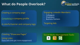 Social Media Management Tools:
Engaging LinkedIn Members:
- Colleagues
- Employees
- Business Partners
Targeting AdsA colorful banner and company logo
Completing a company profile
Creating a company page
Creating “Showcase Pages”
Using Links:
Posts with links get more engagement!
 