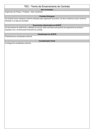 TEC - Termo de Encerramento do Contrato
Item Contratado
Engenharia de Produto > Protótipo > Itens mecânicos
Produtos Entregues
Os produtos foram entregues conforme solicitado pela engenharia de produto. Os itens mecânicos vieram conforme
solicitado e na data pré acordada.
Documentos relacionados ao ACEITE
Os documentos de aceite final e validação de escopo estão assinados pelo gerente da engenharia de produto e
anexados com o encerramento financeiro do contrato.
Classificação do ACEITE
Produto/serviço considerado conforme
Considerações Finais
A entregue foi considerada conforme.
 