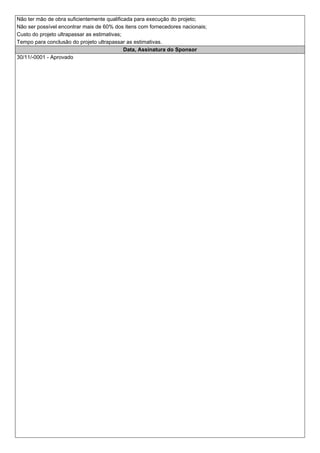 Não ter mão de obra suficientemente qualificada para execução do projeto;
Não ser possível encontrar mais de 60% dos itens com fornecedores nacionais;
Custo do projeto ultrapassar as estimativas;
Tempo para conclusão do projeto ultrapassar as estimativas.
Data, Assinatura do Sponsor
30/11/-0001 - Aprovado
 