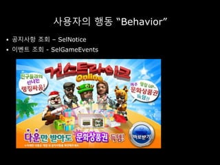 사용자의 행동 “Behavior”
 공지사항 조회 – SelNotice
 이벤트 조회 - SelGameEvents
 