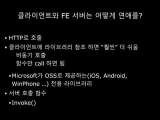 클라이언트와 FE 서버는 어떻게 연애를?
 HTTP로 호출
 클라이언트에 라이브러리 참조 하면 “훨씬” 더 쉬움
비동기 호출
함수만 call 하면 됨
Microsoft가 OSS로 제공하는(iOS, Android,
WinPhone …) 전용 라이브러리
 서버 호출 함수
Invoke()
 
