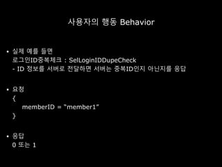사용자의 행동 Behavior
 실제 예를 들면
로그인ID중복체크 : SelLoginIDDupeCheck
- ID 정보를 서버로 전달하면 서버는 중복ID인지 아닌지를 응답
 요청
{
memberID = “member1”
}
 응답
0 또는 1
 