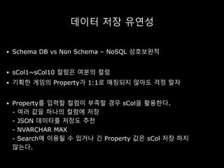 데이터 저장 유연성
 Schema DB vs Non Schema – NoSQL 상호보완적
 sCol1~sCol10 컬럼은 여분의 컬럼
 기획한 게임의 Property가 1:1로 매칭되지 않아도 걱정 말자
 Property를 입력할 컬럼이 부족할 경우 sCol을 활용한다.
- 여러 값을 하나의 컬럼에 저장
- JSON 데이터를 저장도 추천
- NVARCHAR MAX
- Search에 이용될 수 있거나 긴 Property 값은 sCol 저장 하지
않는다.
 