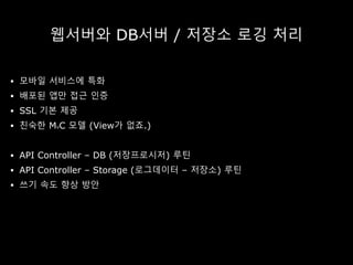 웹서버와 DB서버 / 저장소 로깅 처리
 모바일 서비스에 특화
 배포된 앱만 접근 인증
 SSL 기본 제공
 친숙한 MVC 모델 (View가 없죠.)
 API Controller – DB (저장프로시저) 루틴
 API Controller – Storage (로그데이터 – 저장소) 루틴
 쓰기 속도 향상 방안
 