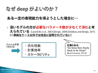 Nakayama Lab.
Machine Perception Group
The University of Tokyo
ある一定の表現能力を得ようとした場合に…
 深いモデルの方が必要なパラメータ数が少なくて済むと考
えられている [Larochelle et al., 2007] [Bengio, 2009] [Delalleau and Bengio, 2011]
(※単純なケース以外では完全に証明されていない）
47
（ちゃんと学習
できれば）  汎化性能
 計算効率
 スケーラビリティ
反論もある:
“Do Deep Nets Really
Need to be Deep?”
[Ba & Caruana, 2014]
 