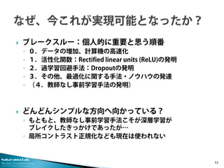 Nakayama Lab.
Machine Perception Group
The University of Tokyo
 ブレークスルー：個人的に重要と思う順番
◦ ０．データの増加、計算機の高速化
◦ １．活性化関数：Rectified linear units (ReLU)の発明
◦ ２．過学習回避手法：Dropoutの発明
◦ ３．その他、最適化に関する手法・ノウハウの発達
◦ （４．教師なし事前学習手法の発明）
 どんどんシンプルな方向へ向かっている？
◦ もともと、教師なし事前学習手法こそが深層学習が
ブレイクしたきっかけであったが…
◦ 局所コントラスト正規化なども現在は使われない
55
 