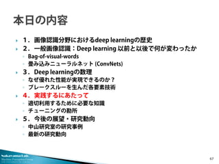 Nakayama Lab.
Machine Perception Group
The University of Tokyo
 １．画像認識分野におけるdeep learningの歴史
 ２．一般画像認識：Deep learning 以前と以後で何が変わったか
◦ Bag-of-visual-words
◦ 畳み込みニューラルネット (ConvNets)
 ３．Deep learningの数理
◦ なぜ優れた性能が実現できるのか？
◦ ブレークスルーを生んだ各要素技術
 ４．実践するにあたって
◦ 適切利用するために必要な知識
◦ チューニングの勘所
 ５．今後の展望・研究動向
◦ 中山研究室の研究事例
◦ 最新の研究動向
67
 