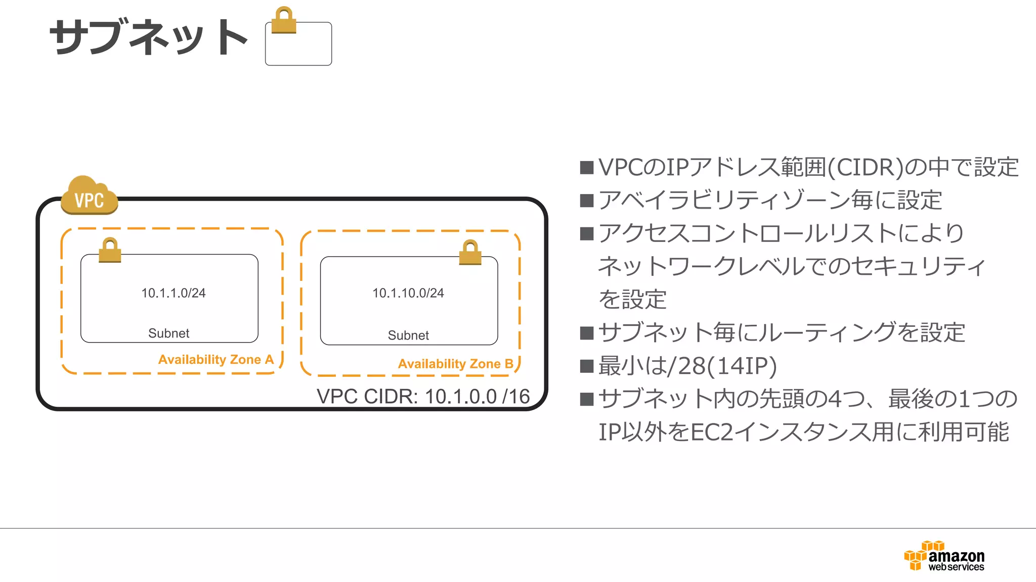 バーチャルプライベートゲートウェイ
Subnet
Availability Zone A
Subnet
Availability Zone B
10.1.1.0/24 10.1.10.0/24
VPC CIDR: 10.1.0.0 /16
Virtual Private Gateway
Customer Gateway
VPN over the
Internet
Corporate Data Center
■VGW=Virtual private Gateway
■オフィスやデータセンターなどの
オンプレミスとのVPN接続のための
エンドポイントとなる仮想ルータ
■Direct Connect(専用線)のエンド
ポイントとしても利用
■１つのVPCあたり1つのVGWのみ
アタッチ可能
■単一障害点や帯域幅のボトルネック
は存在しない
 