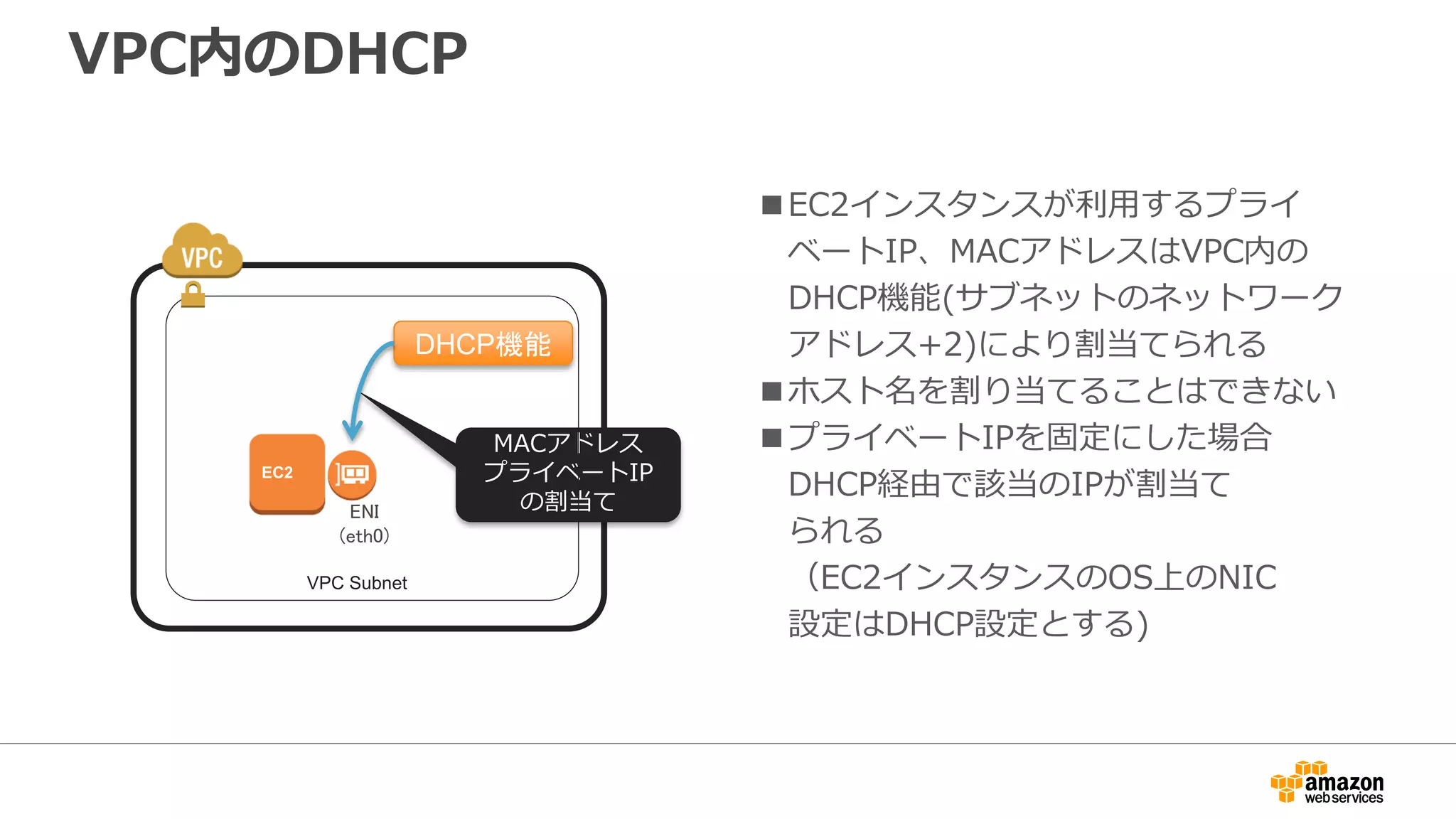 Amazon DNS サーバー
■Amazon Provided DNS
■VPCのネットワーク範囲(CIDR)の
アドレスに+2をプラスしたIP
(10.0.0.0/16の場合は10.0.0.2)
■VPC内のEC2インスタンスからのみ参照
可能
（VPNなどで接続されているオンプレ
ミスからは参照不可）
http://docs.aws.amazon.com/ja_jp/AmazonVPC/latest/UserGuide/VPC_DHCP_Options.html#AmazonDNS
Subnet
Availability Zone A
Subnet
Availability Zone B
10.1.1.0/24 10.1.10.0/24
VPC CIDR: 10.1.0.0 /16
Corporate Data Center
Amazon Provided DNS
10.1.0.2
 