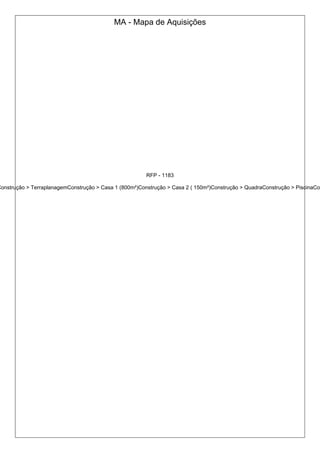 MA - Mapa de Aquisições
RFP - 1183
Construção > TerraplanagemConstrução > Casa 1 (800m²)Construção > Casa 2 ( 150m²)Construção > QuadraConstrução > PiscinaCon
 