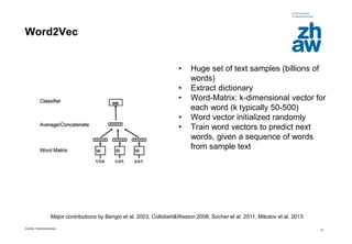 Zürcher Fachhochschule
15
Word2Vec
• Huge set of text samples (billions of
words)
• Extract dictionary
• Word-Matrix: k-dimensional vector for
each word (k typically 50-500)
• Word vector initialized randomly
• Train word vectors to predict next
words, given a sequence of words
from sample text
Major contributions by Bengio et al. 2003, Collobert&Weston 2008, Socher et al. 2011, Mikolov et al. 2013
 