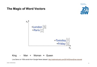 Zürcher Fachhochschule
16
The Magic of Word Vectors
King - Man + Woman ≈ Queen
Live Demo on 100b words from Google News dataset: http://radimrehurek.com/2014/02/word2vec-tutorial/
 