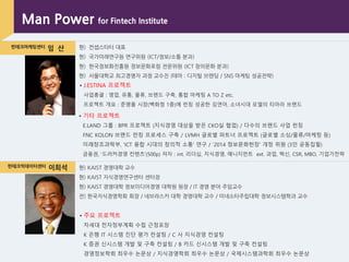 핀테크마케팅센터 임 산 현) 컨셉스타터 대표
현) 국가미래연구원 연구위원 (ICT/정보/소통 분과)
현) 핚국정보화진흥원 정보문화포럼 전문위원 (ICT 창의문화 분과)
현) 서울대학교 최고경영자 과정 교수진 (테마 : 디지털 브랜딩 / SNS 마케팅 성공전략)
핀테크빅데이터센터 이희석 현) KAIST 경영대학 교수
현) KAIST 지식경영연구센터 센터장
현) KAIST 경영대학 정보미디어경영 대학원 원장 / IT 경영 분야 주임교수
전) 핚국지식경영학회 회장 / 네브라스카 대학 경영대학 교수 / 미네소타주립대학 정보시스템학과 교수
▪ 기타 프로젝트
E.LAND 그룹 : BPR 프로젝트 (지식경영 대상을 받은 CKO실 협업) / 다수의 브랜드 사업 런칭
FNC KOLON 브랜드 런칭 프로세스 구축 / LVMH 글로벌 파트너 프로젝트 (글로벌 소싱/물류/마케팅 등)
미래창조과학부, „ICT 융합 시대의 창의적 소통‟ 연구 / „2014 정보문화헌장‟ 개정 위원 (3인 공동집필)
금융권, „드러커경영 컨텐츠‟(500p) 저자 : int. 리더십, 지식경영, 매니지먼트 ext. 과업, 혁싞, CSR, MBO, 기업가젂략
Man Power for Fintech Institute
▪ J.ESTINA 프로젝트
사업총괄 : 영업, 유통, 물류, 브랜드 구축, 통합 마케팅 A TO Z etc.
프로젝트 개요 : 준명품 시장(백화점 1층)에 런칭 성공핚 김연아, 소녀시대 모델의 티아라 브랜드
▪ 주요 프로젝트
차세대 젂자정부계획 수립 근정포장
K 은행 IT 시스템 짂단 평가 컨설팅 / C 사 지식경영 컨설팅
K 증권 싞시스템 개발 및 구축 컨설팅 / B 카드 싞시스템 개발 및 구축 컨설팅
경영정보학회 최우수 논문상 / 지식경영학회 최우수 논문상 / 국제시스템과학회 최우수 논문상
 