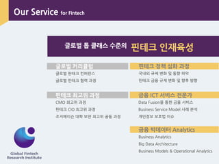 금융 ICT 서비스 전문가
Data Fusion을 통핚 금융 서비스
Business Service Model 사례 분석
개인정보 보호법 이슈
글로벌 톱 클래스 수준의 핀테크 인재육성
금융 빅데이터 Analytics
Business Analytics
Big Data Architecture
Business Models & Operational Analytics
핀테크 최고위 과정
CMO 최고위 과정
핀테크 CIO 최고위 과정
조지메이슨 대학 보앆 최고위 공동 과정
글로벌 커리큘럼
글로벌 핀테크 컨퍼런스
글로벌 핀테크 협력 과정
Our Service for Fintech
핀테크 정책 심화 과정
국내외 규제 변화 및 동향 파악
핀테크 금융 규제 변화 및 향후 방향
 