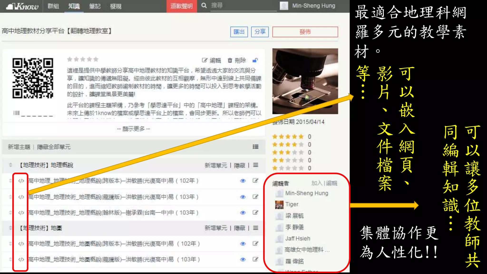 可
以
讓
多
位
教
師
共
同
編
輯
知
識
…
可
以
嵌
入
網
頁
、
影
片
、
文
件
檔
案
等
…
集體協作更
為人性化!!
最適合地理科網
羅多元的教學素
材。
 