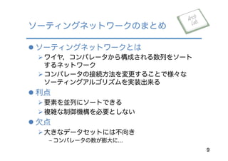 l ソーティングネットワークとは
Ø ワイヤ，コンパレータから構成される数列をソート
するネットワーク
Ø コンパレータの接続方法を変更することで様々な
ソーティングアルゴリズムを実装出来る
l 利点
Ø 要素を並列にソートできる
Ø 複雑な制御機構を必要としない
l 欠点
Ø 大きなデータセットには不向き
﹣ コンパレータの数が膨大に...
ソーティングネットワークのまとめ
9
 