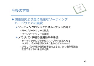l 関連研究より更に高速なソーティング
ハードウェアの実現
Ø ソーティングロジックのスループットの向上
﹣ マージソートツリーの改良
﹣ マージソートツリーの複製
Ø メモリバンド幅の使用効率の手法
﹣ ソーティングロジックのスループットが高くなる
→メモリバンド幅がシステム全体のボトルネック
﹣ メモリバンド幅の使用効率を向上させ，かつ動作周波数
を低下させない手法が必要
今後の方針
43
 