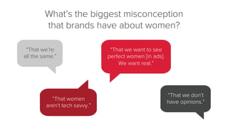 What’s the biggest misconception
that brands have about women?
“That we’re
all the same.”
“That women
aren’t tech savvy.”
“That we don’t
have opinions.”
“That we want to see
perfect women [in ads].
We want real.”
 