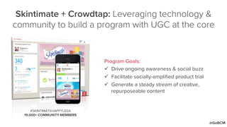 Skintimate + Crowdtap: Leveraging technology &
community to build a program with UGC at the core
Program Goals:
ü  Drive ongoing awareness & social buzz
ü  Facilitate socially-ampliﬁed product trial
ü  Generate a steady stream of creative,
repurposeable content
#SKINTIMATEHAPPYLEGS
19,000+ COMMUNITY MEMBERS
@GoBCM
 