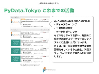 -報道関係者様向け資料-
PyData.Tokyo これまでの活動
30人の座席にに毎回百人近い応募
• ディープラーニング
• 分散型機械学習
• データ解析インフラ
などの旬なテーマを扱い、毎回その
分野で活躍するデータサイエンティ
ストにご登壇いただいています。
例えば、第一回は東京大学で深層学
習研究をしている中山先生。次回は
ブレインパッドの佐藤さんをお招き
します。
http://pydatatokyo.connpass.com
 