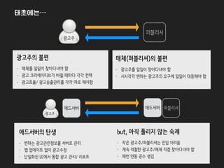 퍼블리셔
광고주의 불편
- 매체를 일일이 찾아다녀야 함
- 광고 크리에이티브가 바뀔 때마다 각각 컨택
- 광고효율/ 광고송출관리를 각각 따로 해야함
퍼블리셔애드서버
매체(퍼블리셔)의 불편
- 광고주를 일일이 찾아다녀야 함
- 시시각각 변하는 광고주의 요구에 일일이 대응해야 함
애드서버의 탄생
- 변하는 광고관련정보를 서버로 관리
- 앱 업데이트 없이 광고수정
- 단일화된 UI에서 통합 광고 관리/ 리포트
애드서버
but, 아직 풀리지 않는 숙제
- 작은 광고주/퍼블리셔는 진입 어려움
- 계속 적절한 광고주/매체 직접 찾아다녀야 함
- 매번 연동 공수 생김
광고주
광고주
태초에는…
 