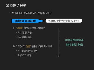 광고주의 이익최대화를
위해 일하는 D그룹
(DSP,DMP)
내 상품을 ‘많은’ 사람에게 and ‘구매할’사람에게만 노출되는 것
광고주는 원한다 !
> 투자효율과 물량을 모두 만족시켜야 함
타겟팅에
집중하라!
퍼블리셔
광고주
퍼블리셔
퍼블리셔
퍼블리셔
퍼블리셔
퍼블리셔
Supply SideDemand Side
DSP SSP
DMP
RTB
애드
익스체
인지
RTB광고주
광고주
광고주
광고주
광고주
• 왜 태어났니
2) DSP / DMP
 