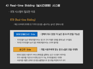 보
보
: 경매의 최고 장점! 더 높은 광고수익 받을 가능성매체(퍼블리셔) Side
광고주 Side : 개별 사용자에게 맞는 광고노출로 효율 극대화
- 투자효율이 높은 매체(퍼블리셔)는 광고주 간의 치열한 경쟁을 통해 높은 수익올림
- 하지만 투자효율이 높지 않은 매체(퍼블리셔)는 오히려 불리함
- RTB의 장점인 사용자가 서비스(매체)를 실행하는 순간 시스템이 이루어짐
- 각각 사용자를 기준으로 타겟팅 광고가 가능, 투자효율(ROI) 극대화
- 사용자를 식별한 상태로 광고를 송출했음으로 광고효율 측정에 아주 유리
• RTB 시스템의 영향
RTB (Real-time Bidding)
: 해당 유저에게 최적화 된 가격의 광고를 노출시키는 실시간 경매시스템
4) Real-time Bidding (실시간경매) 시스템
 