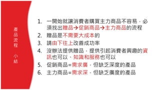 1. 一開始就讓消費者購買主力商品不容易，必
須找出贈品促銷商品主力商品的流程
2. 贈品是不需要大成本的
3. 請由下往上改善成功率
4. 沒辦法提供贈品，提供引起消費者興趣的資
訊也可以、知識和服務也可以
5. 促銷商品=需求廣，但缺乏深度的產品
6. 主力商品=需求深，但缺乏廣度的產品
產
品
流
程
小
結
 