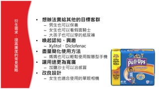 • 想辦法賣給其他的目標客群
– 男生也可以保養
– 女生也可以看假面騎士
– 大孩子也可以穿的紙尿褲
• 喚起認知、興趣
– Xylitol、Diclofenac
• 盡量簡化使用方法
– 媽媽也可以輕鬆使用智慧型手機
• 讓用途更為寬廣
– 加鹽沙士可以治感冒
• 改良設計
– 女生也適合使用的單眼相機
衍
生
需
求
：
提
高
廣
度
的
常
見
策
略
 