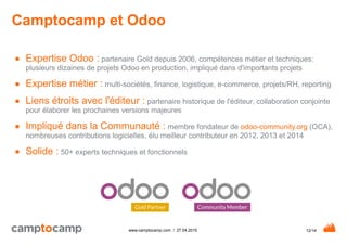 12/14www.camptocamp.com / 27.04.2015
Camptocamp et Odoo
■ Expertise Odoo : partenaire Gold depuis 2006, compétences métier et techniques:
plusieurs dizaines de projets Odoo en production, impliqué dans d'importants projets
■ Expertise métier : multi-sociétés, finance, logistique, e-commerce, projets/RH, reporting
■ Liens étroits avec l'éditeur : partenaire historique de l'éditeur, collaboration conjointe
pour élaborer les prochaines versions majeures
■ Impliqué dans la Communauté : membre fondateur de odoo-community.org (OCA),
nombreuses contributions logicielles, élu meilleur contributeur en 2012, 2013 et 2014
■ Solide : 50+ experts techniques et fonctionnels
 