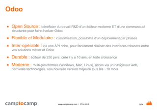 6/14www.camptocamp.com / 27.04.2015
Odoo
■ Open Source : bénéficier du travail R&D d'un éditeur moderne ET d'une communauté
structurée pour faire évoluer Odoo
■ Flexible et Modulaire : customisation, possibilité d'un déploiement par phases
■ Inter-opérable : via une API riche, pour facilement réaliser des interfaces robustes entre
vos solutions métier et Odoo
■ Durable : éditeur de 250 pers. créé il y a 10 ans, en forte croissance
■ Moderne : multi-plateformes (Windows, Mac, Linux), accès via un navigateur web,
dernières technologies, une nouvelle version majeure tous les ~18 mois
 