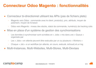 9/14www.camptocamp.com / 10.04.2013
Connecteur Odoo Magento : fonctionnalités
■ Connecteur bi-directionnel utilisant les APIs (pas de fichiers plats)
○ Magento vers Odoo : commande avec le client, produit(s), prix, attributs, moyen de
paiement, moyen de livraison
○ Odoo vers Magento : niveau des stocks, statut de commande, numéro(s) de tracking colis
■ Mise en place d'un système de gestion des synchronisations
○ Les données à synchroniser sont scindées en « Jobs » mis dans une « Queue »
organisés par
○ Les « Jobs » en attente peuvent être exécutés par un ou plusieurs « Workers »
○ Chaque « Job » a un workflow (en attente, en cours, exécuté, échoué) et un log
■ Multi-Instances, Multi-Websites, Multi-Stores, Multi-Devises
 