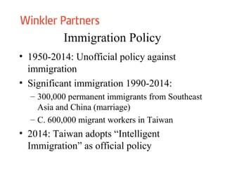 Immigration Policy
• 1950-2014: Unofficial policy against
immigration
• Significant immigration 1990-2014:
– 300,000 permanent immigrants from Southeast
Asia and China (marriage)
– C. 600,000 migrant workers in Taiwan
• 2014: Taiwan adopts “Intelligent
Immigration” as official policy
 