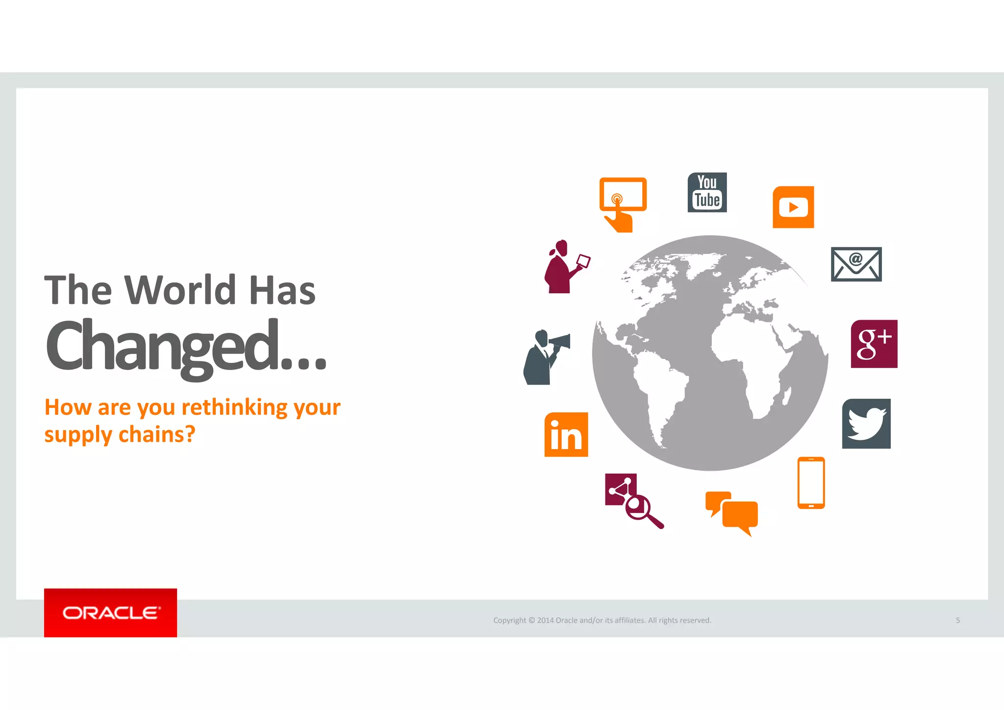 Copyright © 2014 Oracle and/or its affiliates. All rights reserved.   5
The World Has 
Changed…
How are you rethinking your 
supply chains?
 
